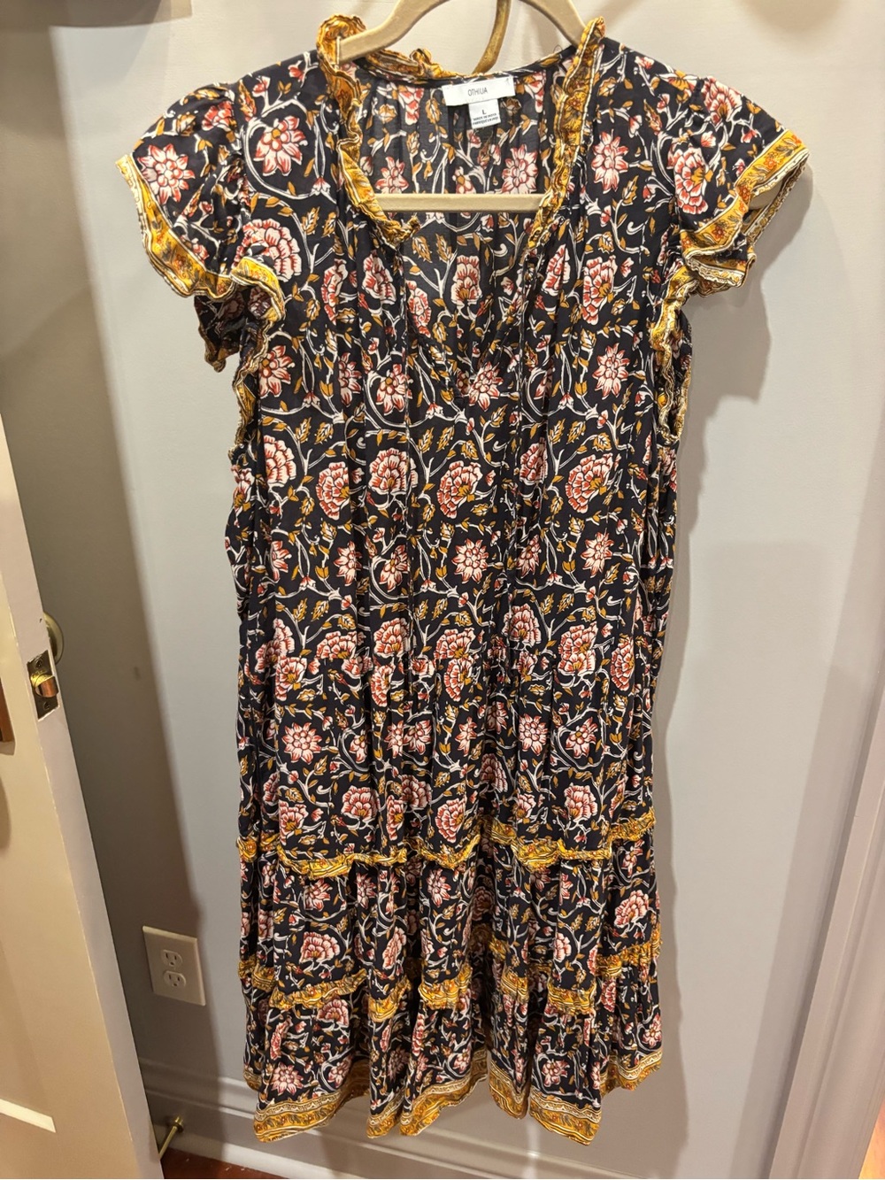 100% cotton ILIA Black Floral Tiered Dress with Pink and Gold Accents